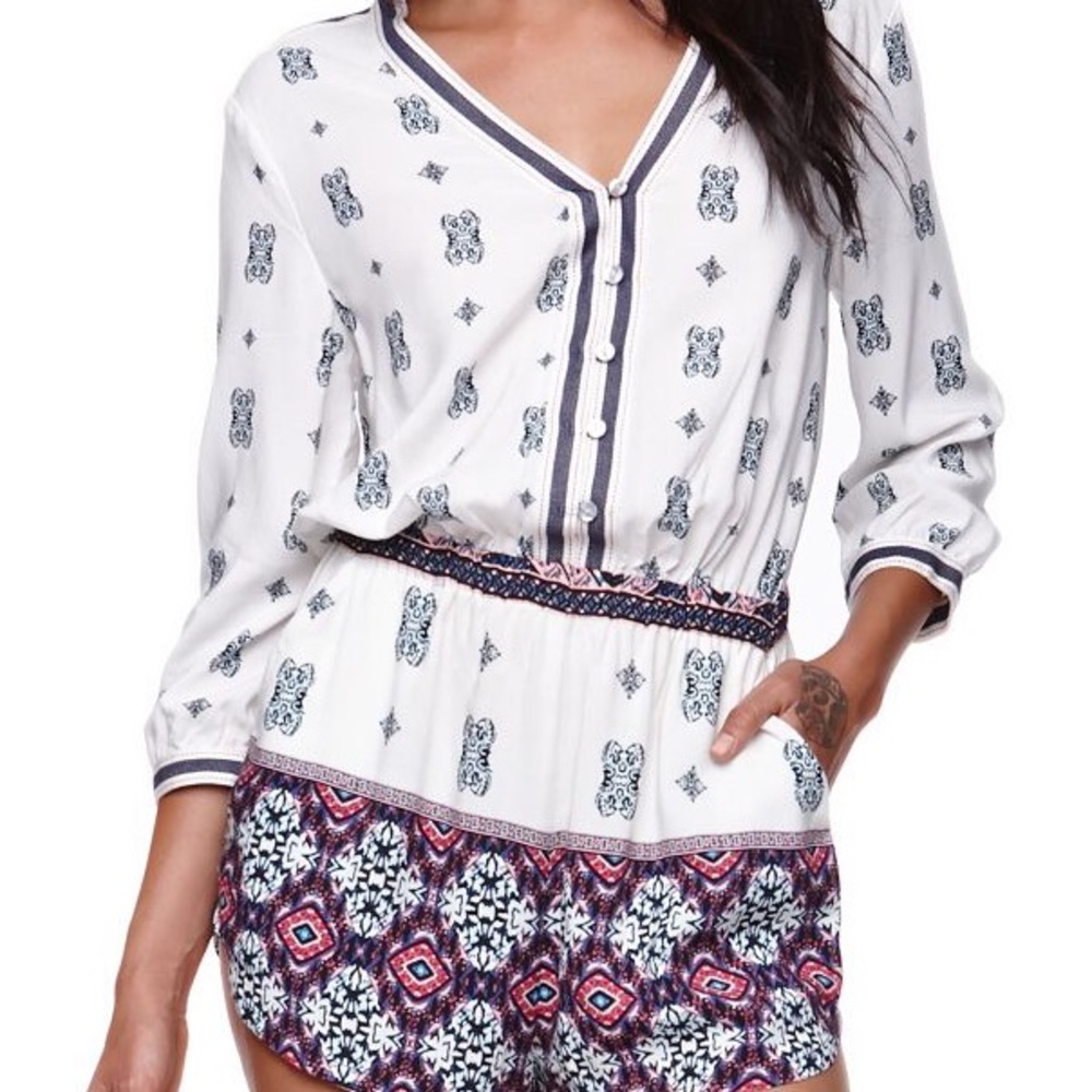 Kendall & Kylie Boho Print 3/4 Sleeve Romper with Smocked Waist